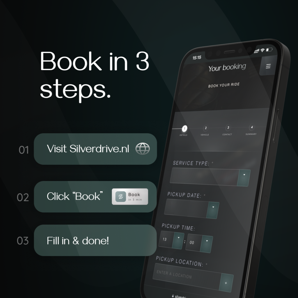 An infographic the new app demonstrating how to book a chauffeur service or private driver with silverdrive