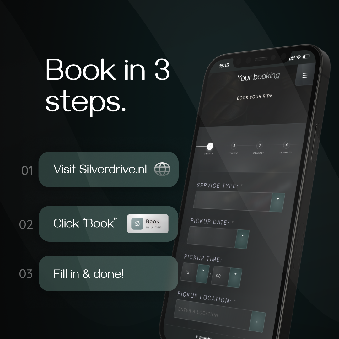 An infographic demonstrating how to book a chauffeur service or private driver with silverdrive