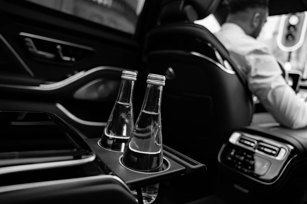 Bottles of water as an exra accesory service in a maybach in Amsterdam